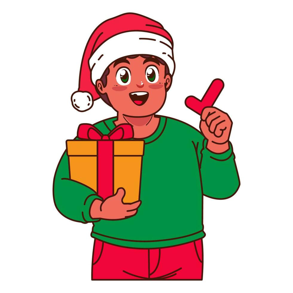 un chico en un Papa Noel sombrero participación un Navidad regalo vector