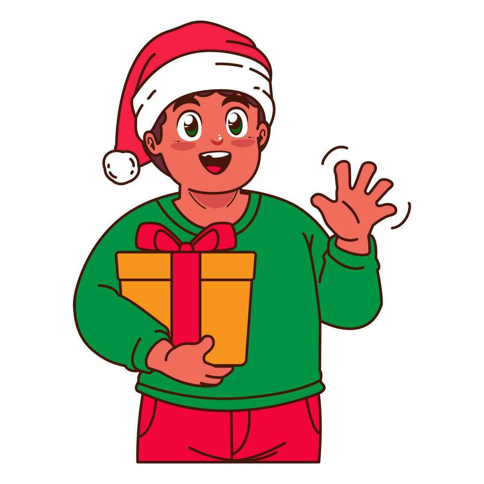 un chico en un Papa Noel sombrero participación un Navidad regalo vector