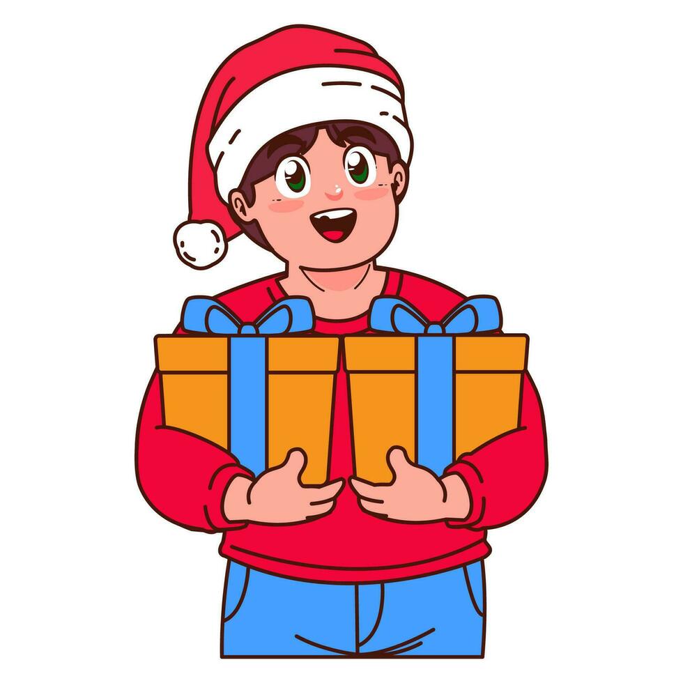 un chico en un Papa Noel sombrero participación un Navidad regalo vector