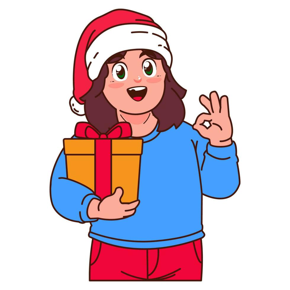 un niña en un Papa Noel sombrero participación un Navidad regalo vector