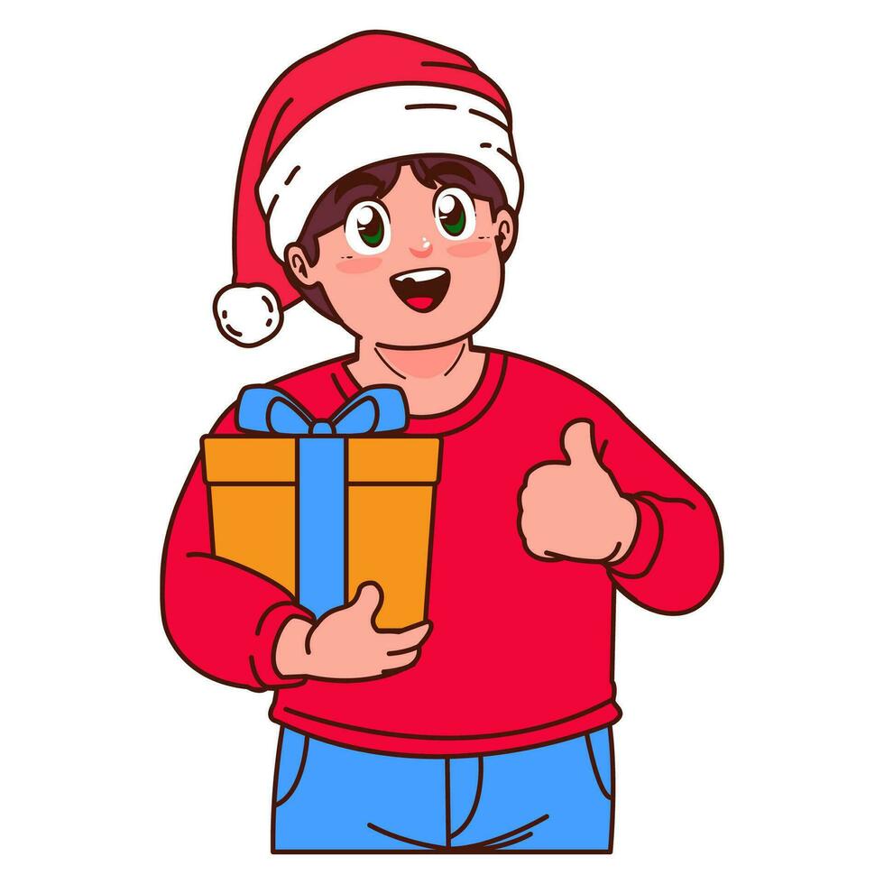 un chico en un Papa Noel sombrero participación un Navidad regalo vector