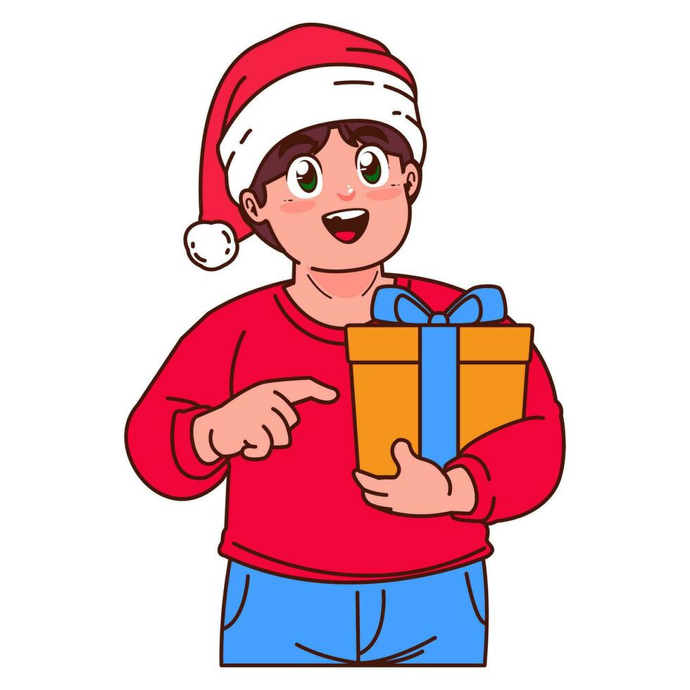 un chico en un Papa Noel sombrero participación un Navidad regalo vector