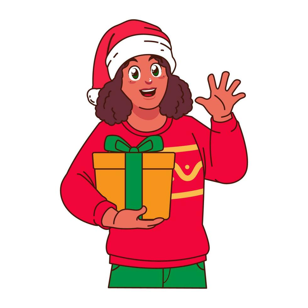 negro mujer en Navidad suéter y Papa Noel sombrero participación un regalo caja vector