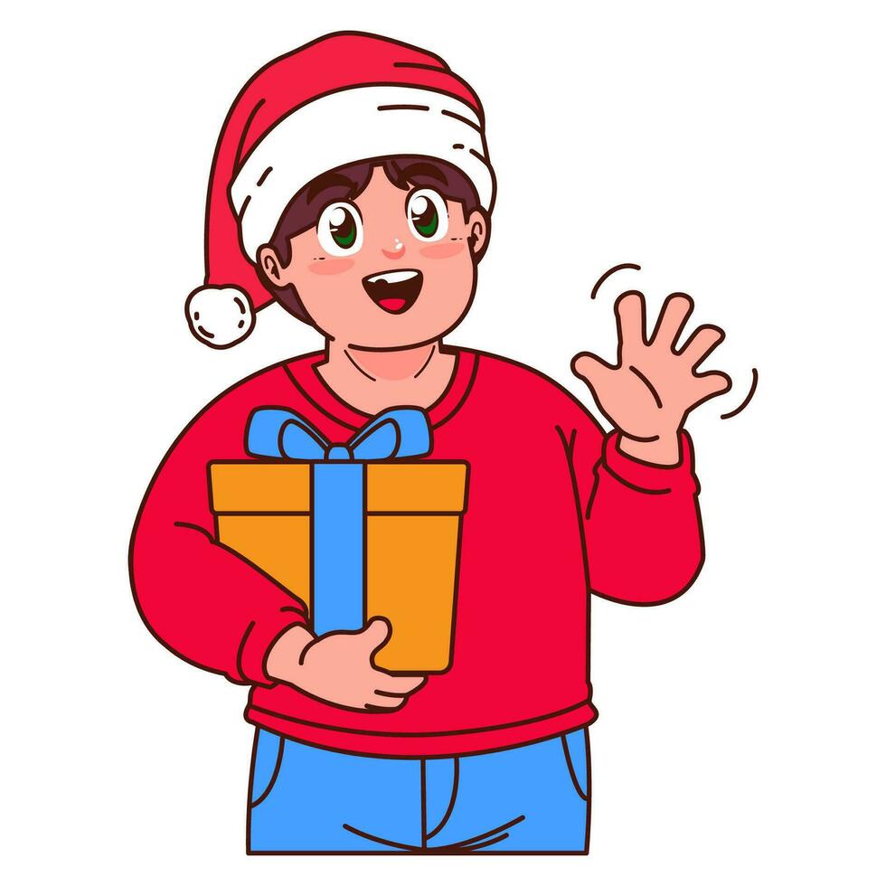 un chico en un Papa Noel sombrero participación un Navidad regalo vector