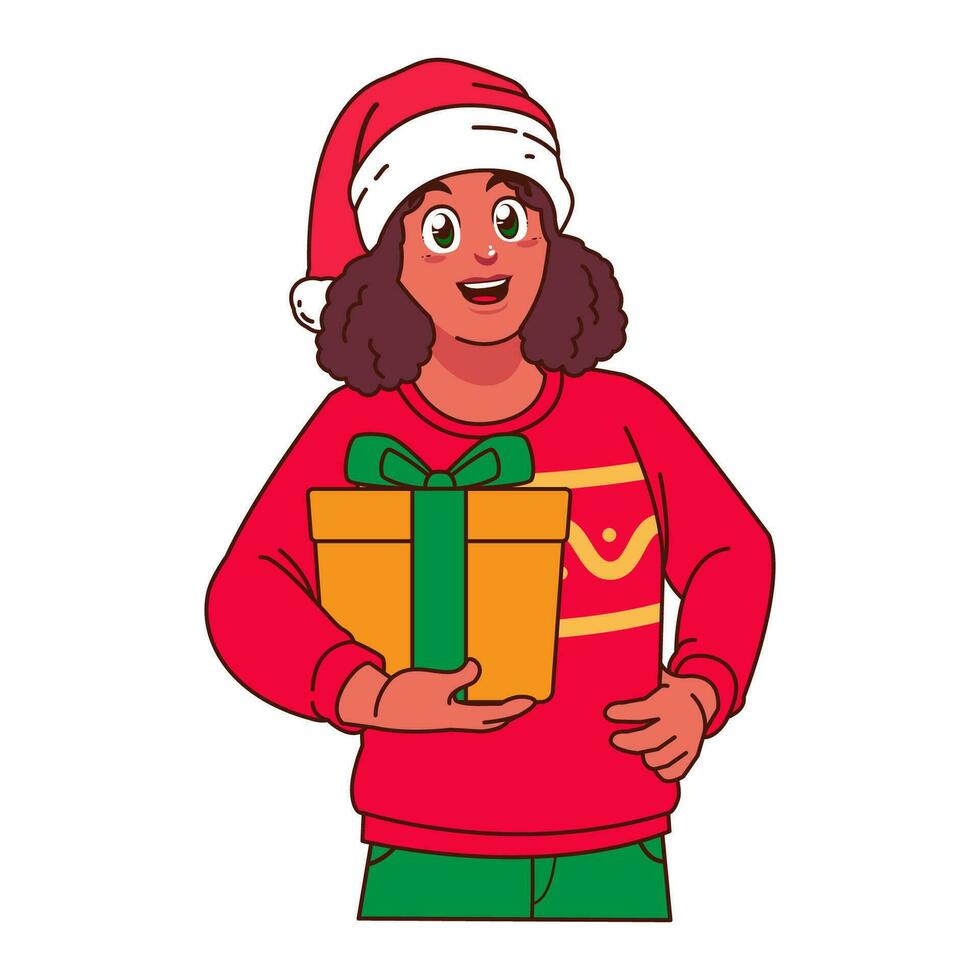 Black Woman in Christmas sweater and Santa hat holding a gift box vector