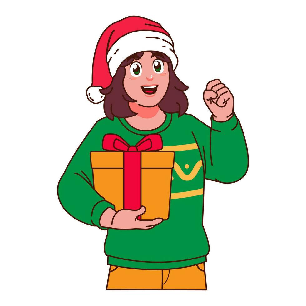 mujer en Navidad suéter y Papa Noel sombrero participación un regalo caja vector