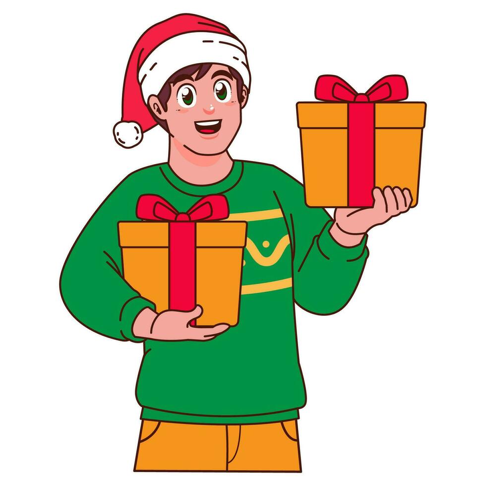 Man in Christmas sweater and Santa hat holding a gift box vector