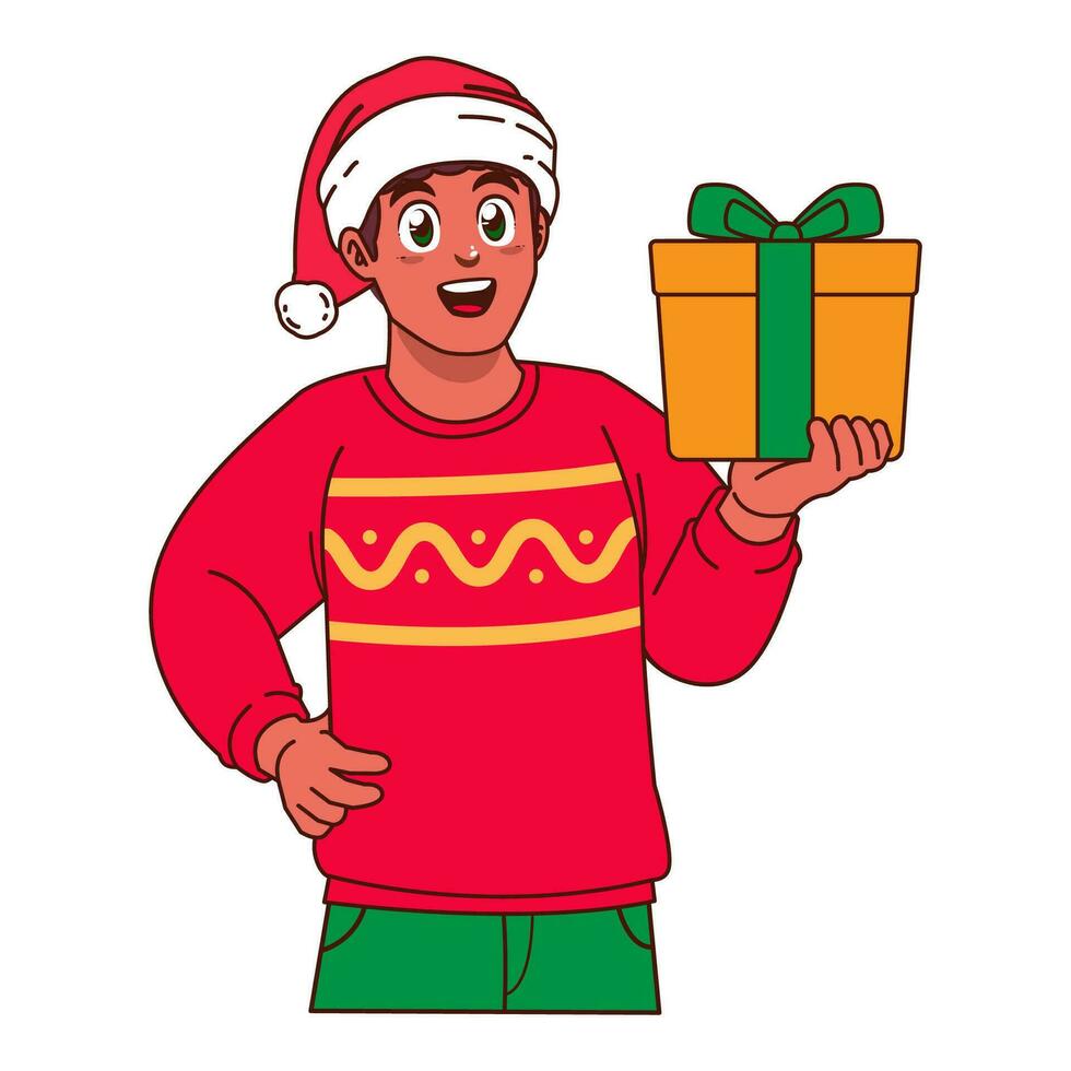 Black Man in Christmas sweater and Santa hat holding a gift box vector