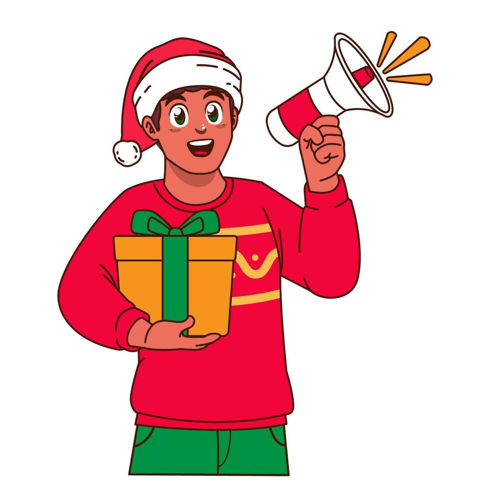 negro hombre en Navidad suéter y Papa Noel sombrero participación un regalo caja vector