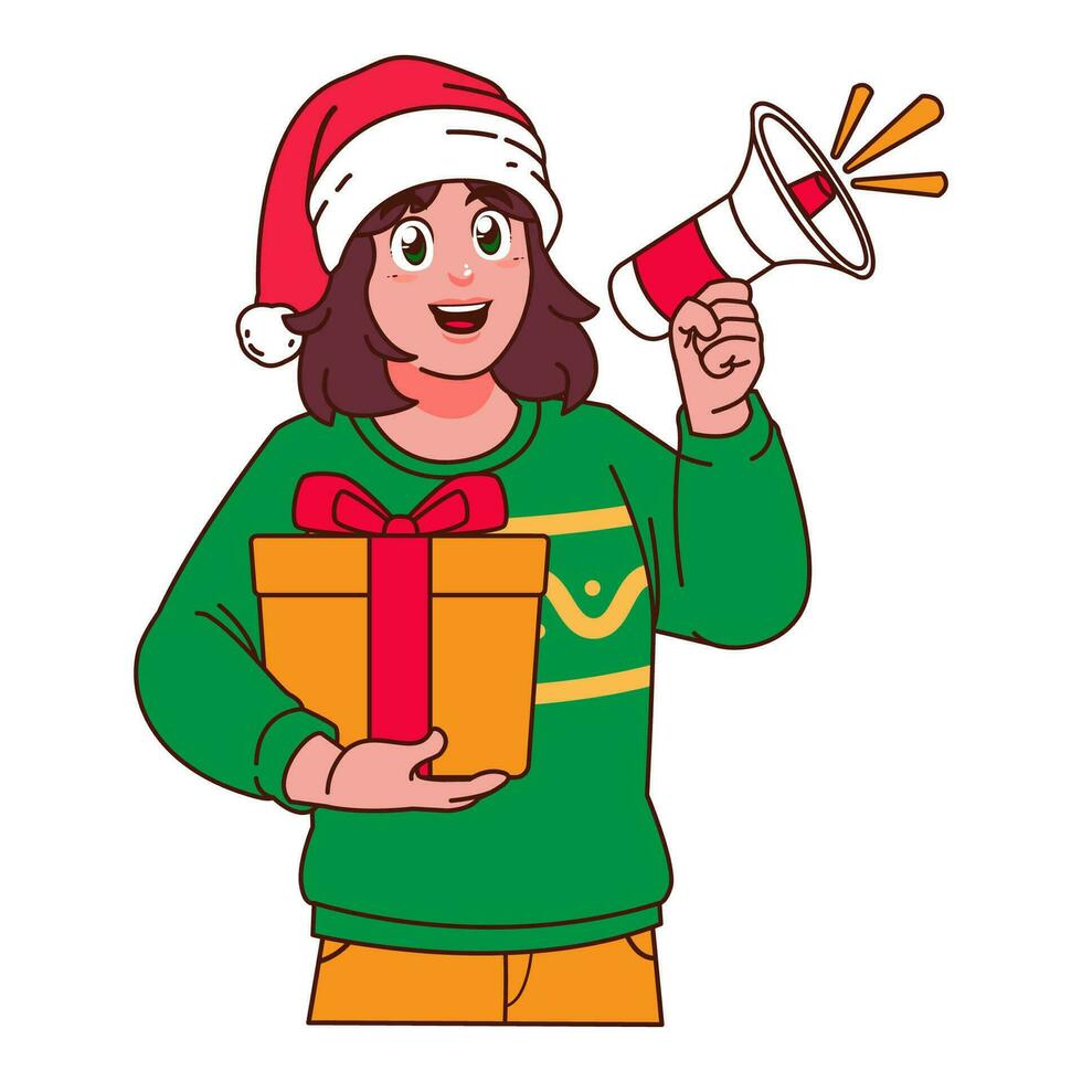 Woman in Christmas sweater and Santa hat holding a gift box vector