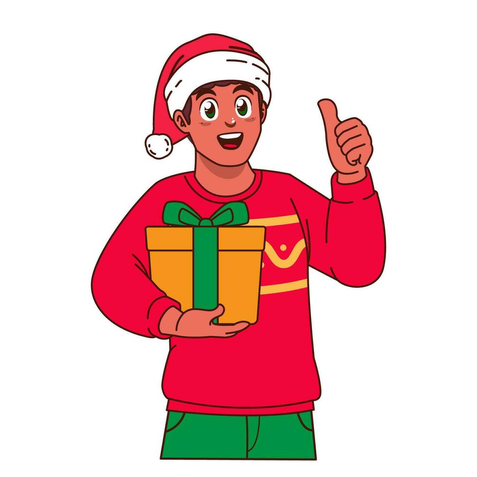 negro hombre en Navidad suéter y Papa Noel sombrero participación un regalo caja vector