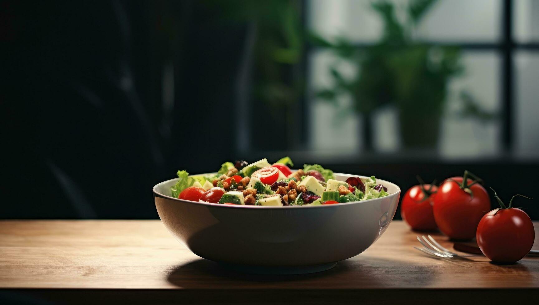 AI generated a bowl of salad sits in front of the window photo