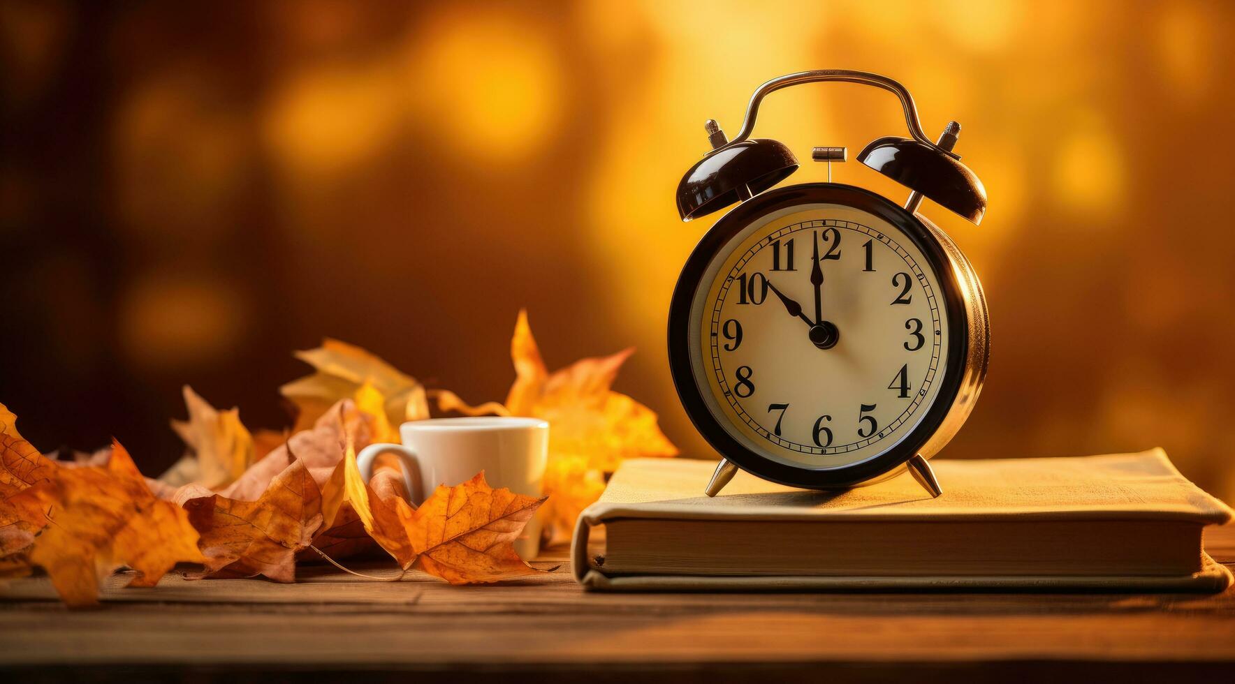 AI generated a book, alarm clock, and a fall leaf present on a table photo