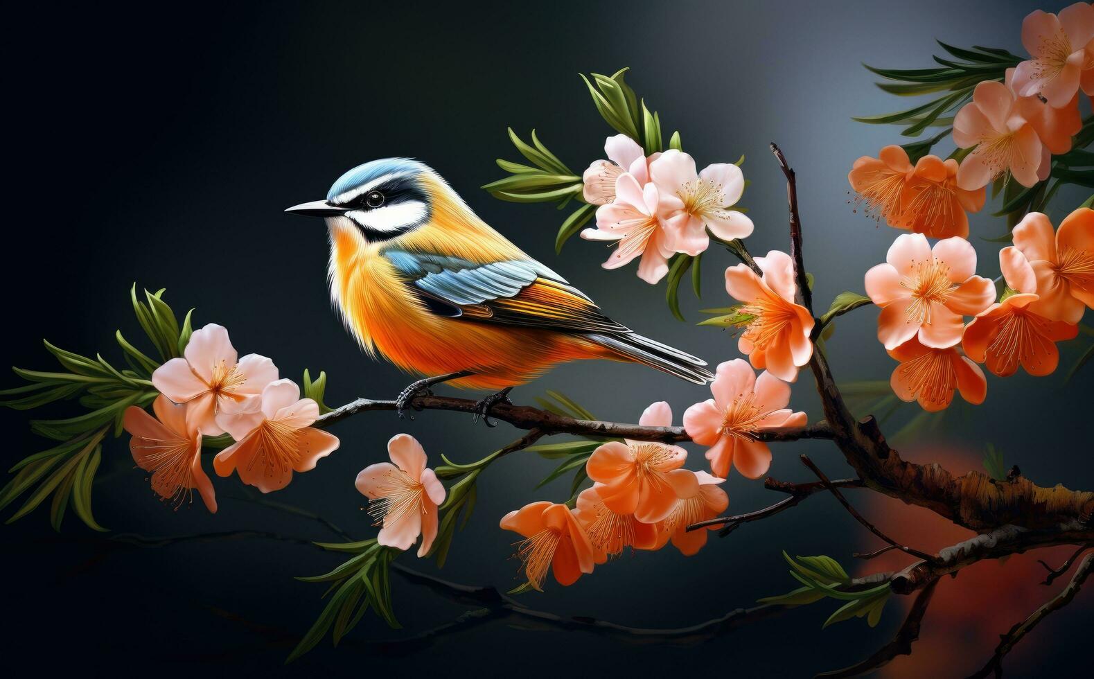 AI generated a bird sitting on a branch near a flower photo
