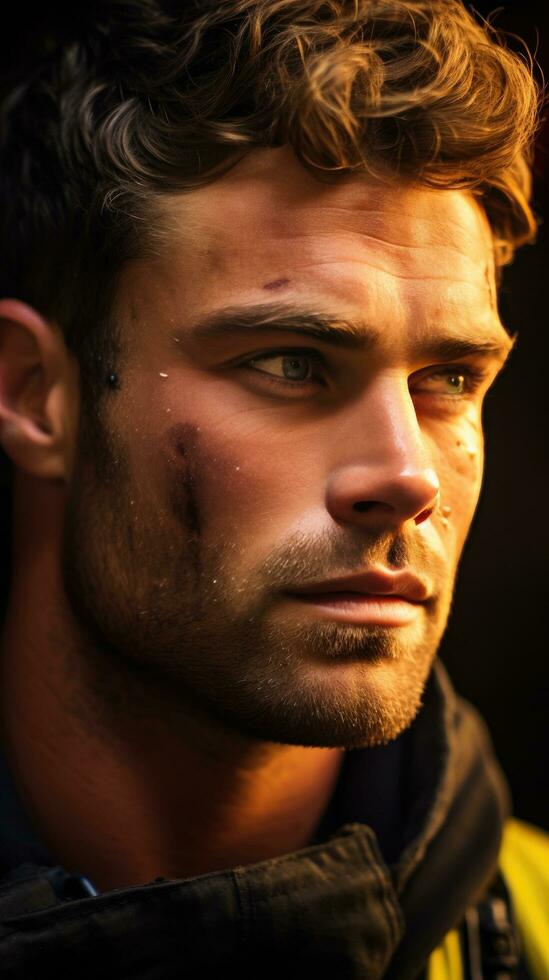 AI generated handsome firefighter, his piercing blue eyes and chiseled jawline highlighted photo