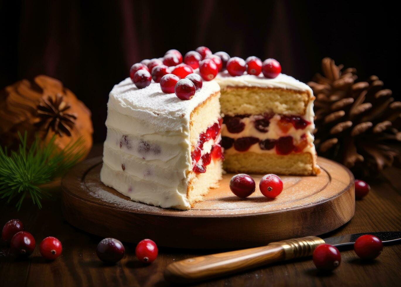 AI generated a christmas cake cut along the middle with cranberries on top photo