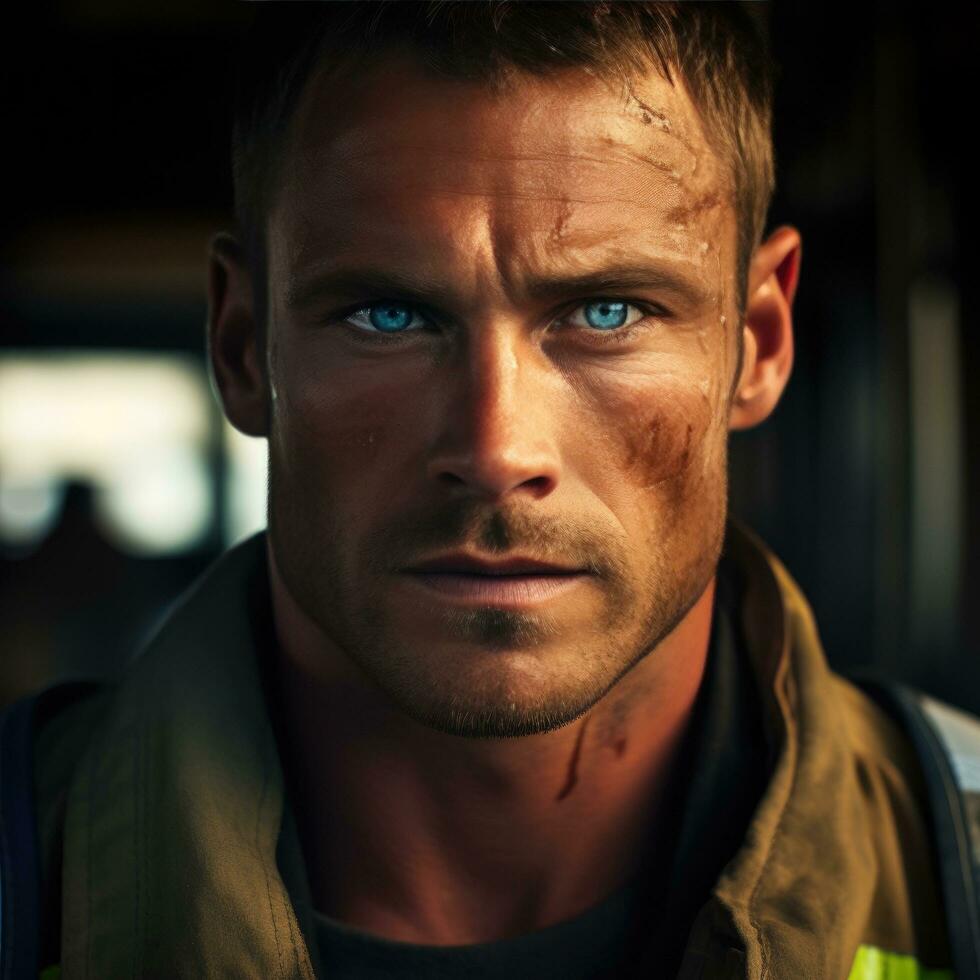 AI generated handsome firefighter, his piercing blue eyes and chiseled jawline highlighted photo