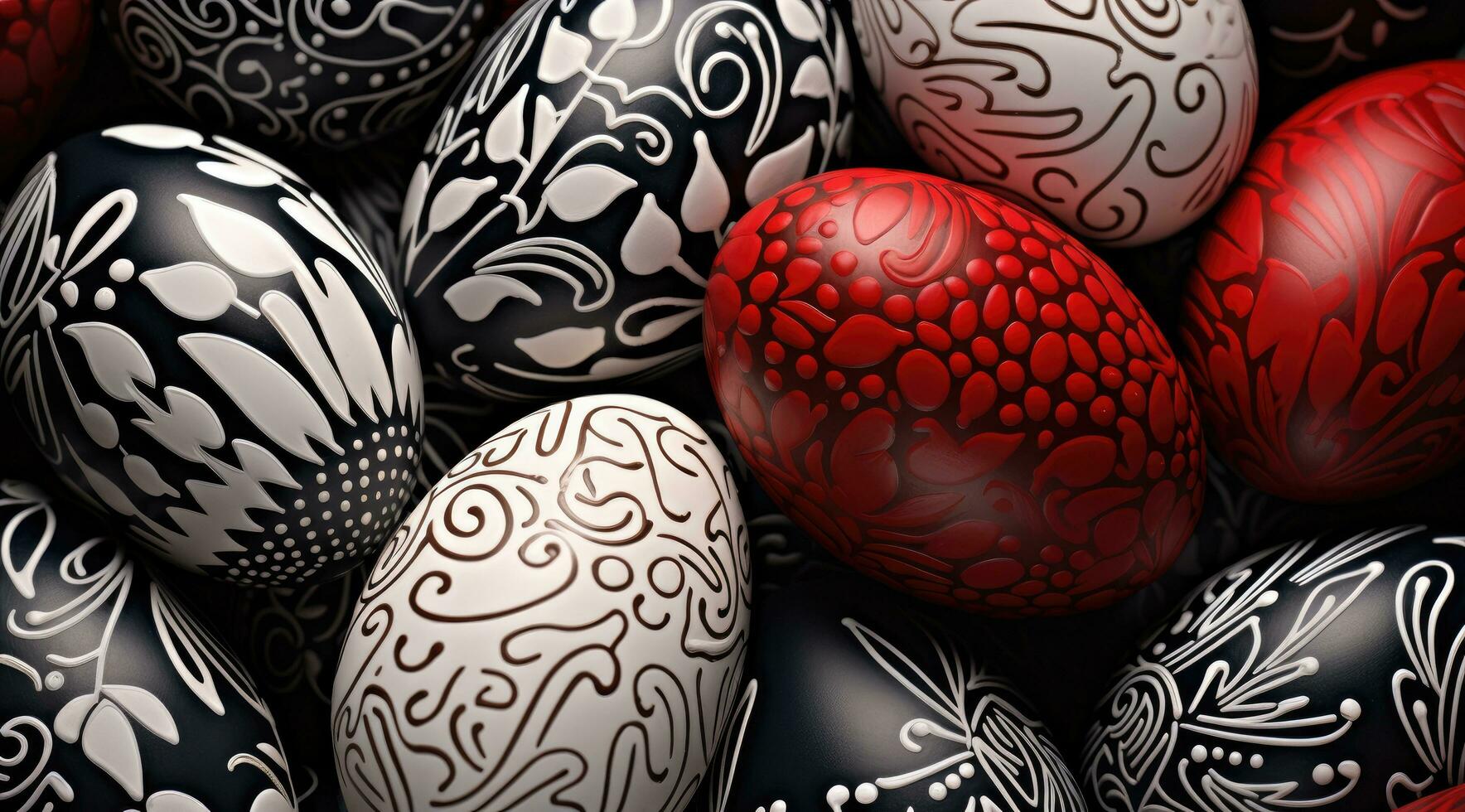 AI generated a cluster of decorative carved white, black and red eggs photo