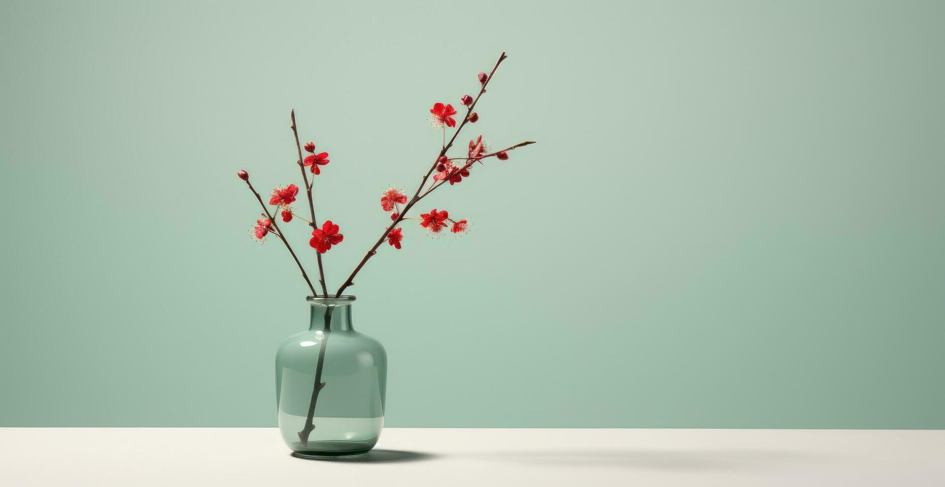 AI generated a simple green glass vase with a red flower, on a table photo