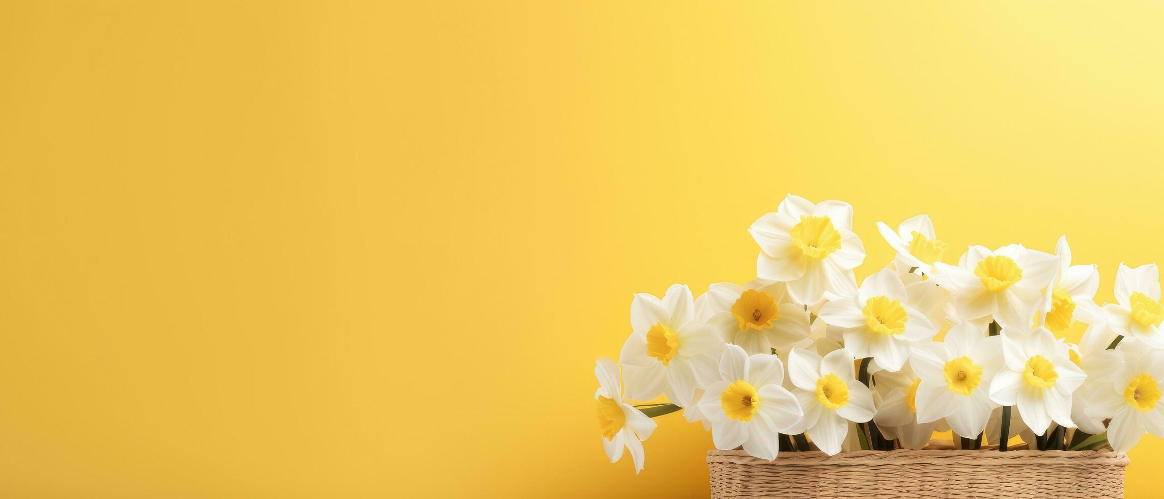 AI generated a basket full of daffodils on a yellow wall photo
