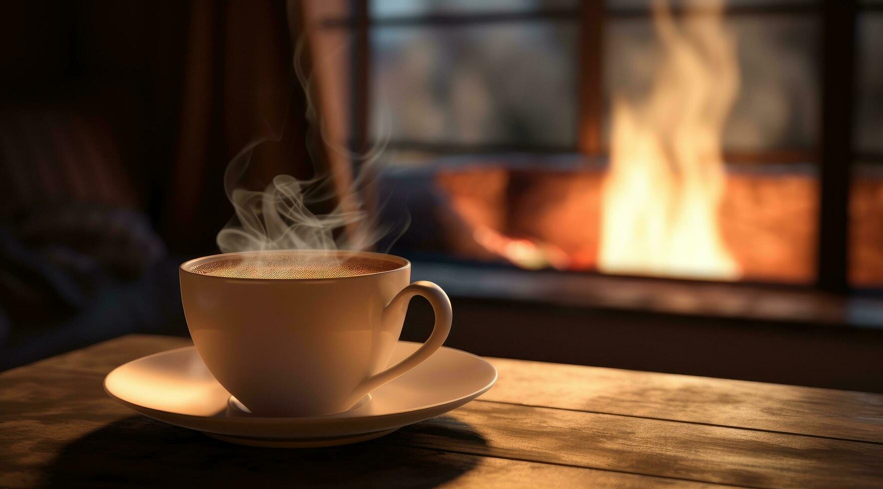 AI generated a cup of coffee is placed in front of a fireplace photo