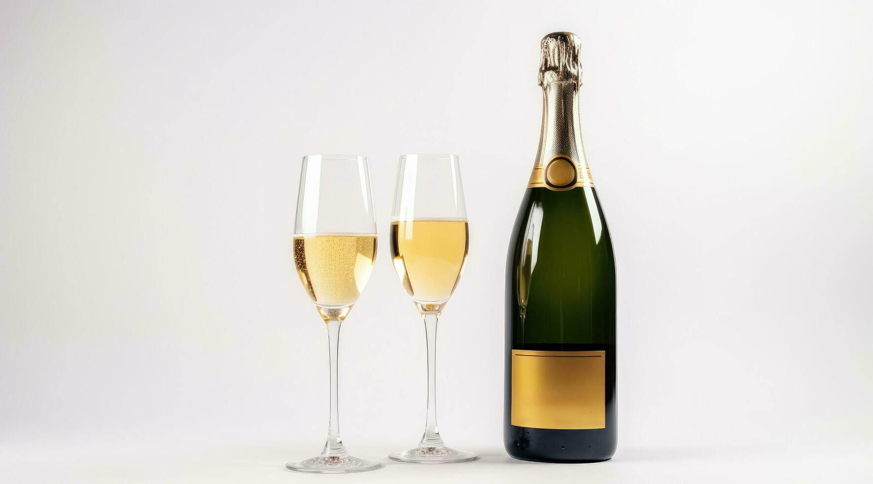 AI generated a bottle of champagne and a glass of champagne on a white background photo