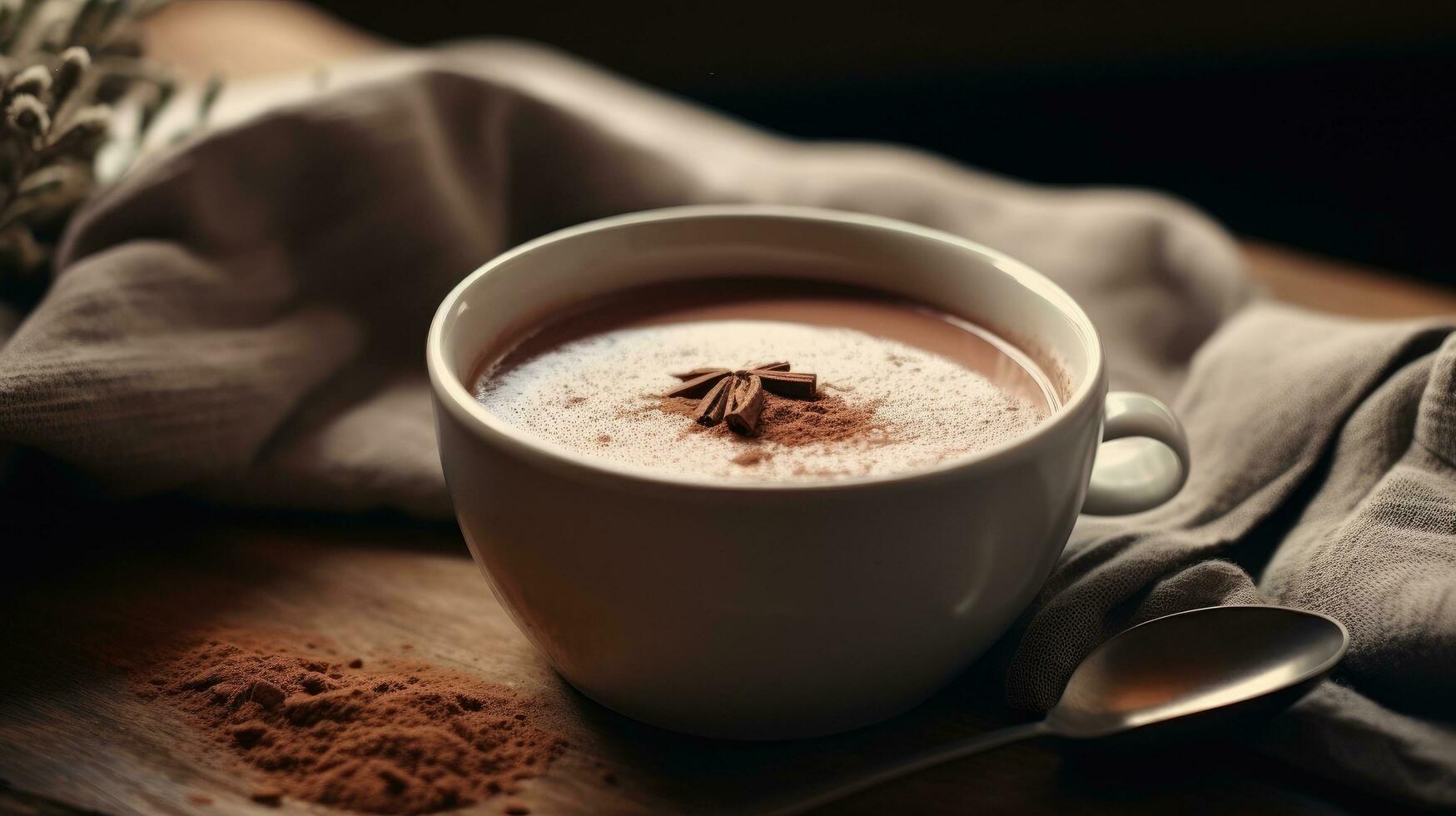 ai generado un taza de caliente chocolate y un cuchara sentado en parte superior de eso foto