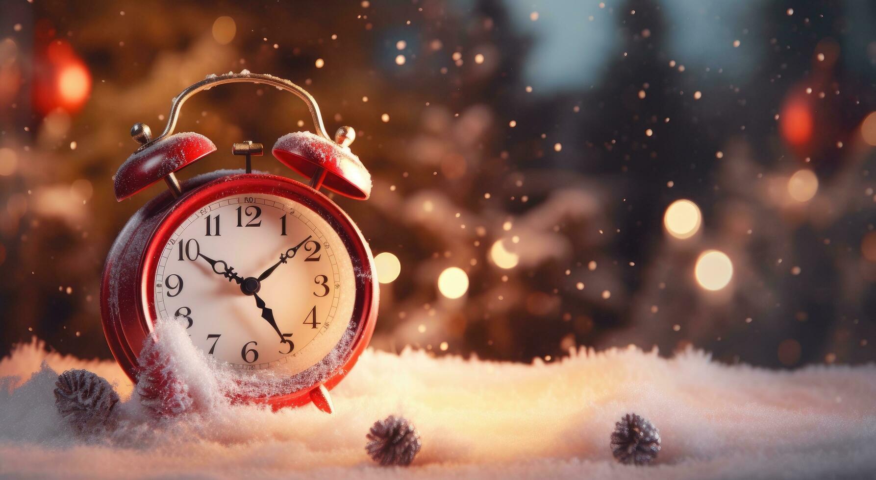 AI generated a small alarm clock surrounded by snow and trees photo