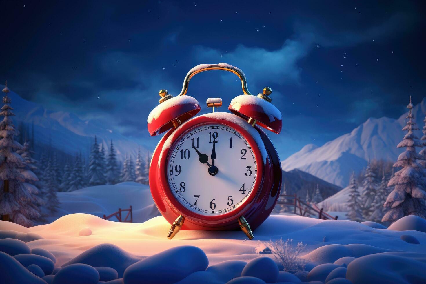 AI generated a large alarm clock with snow on the background photo