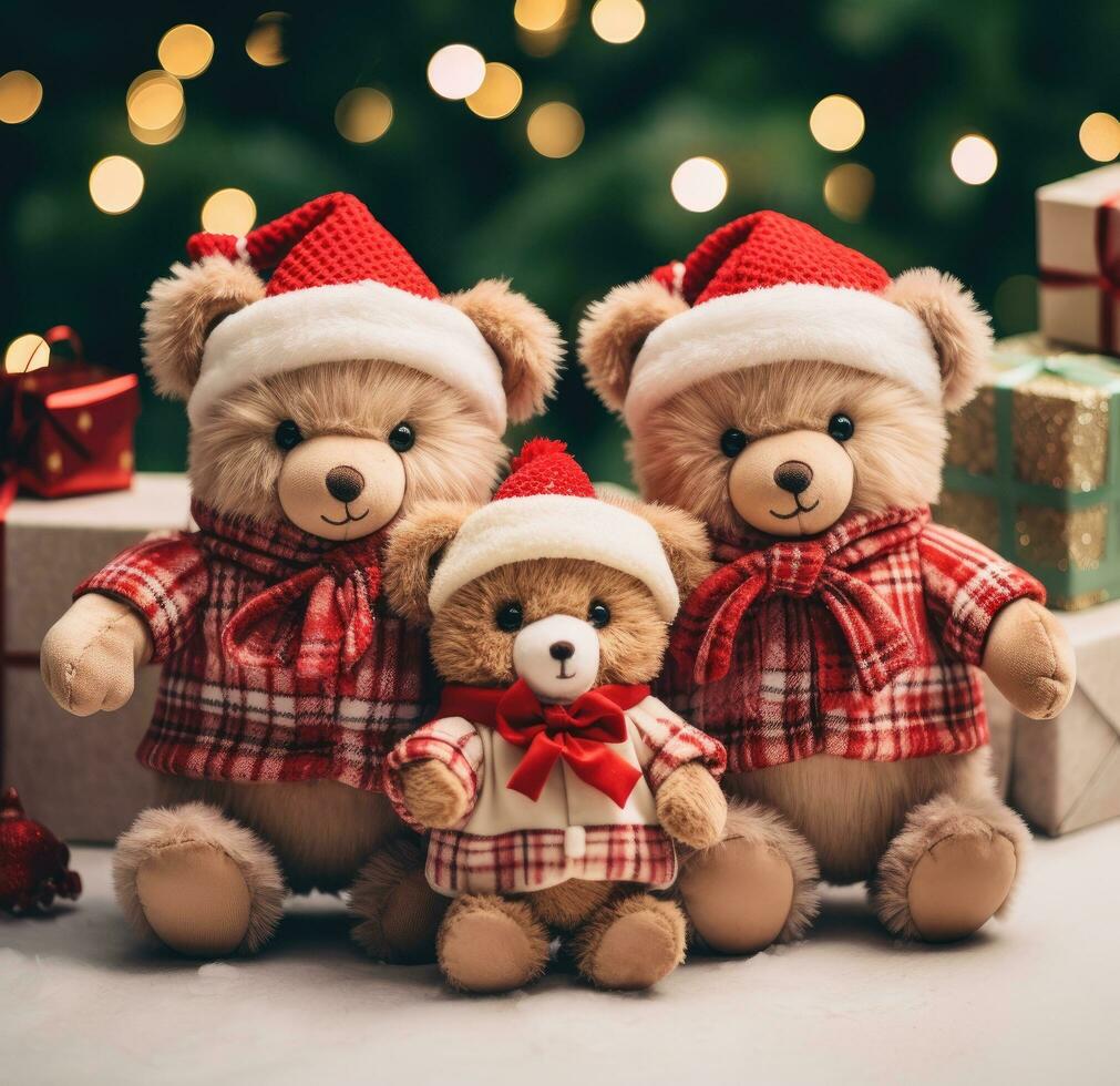 ai generado un foto de Tres relleno osos con Navidad arboles