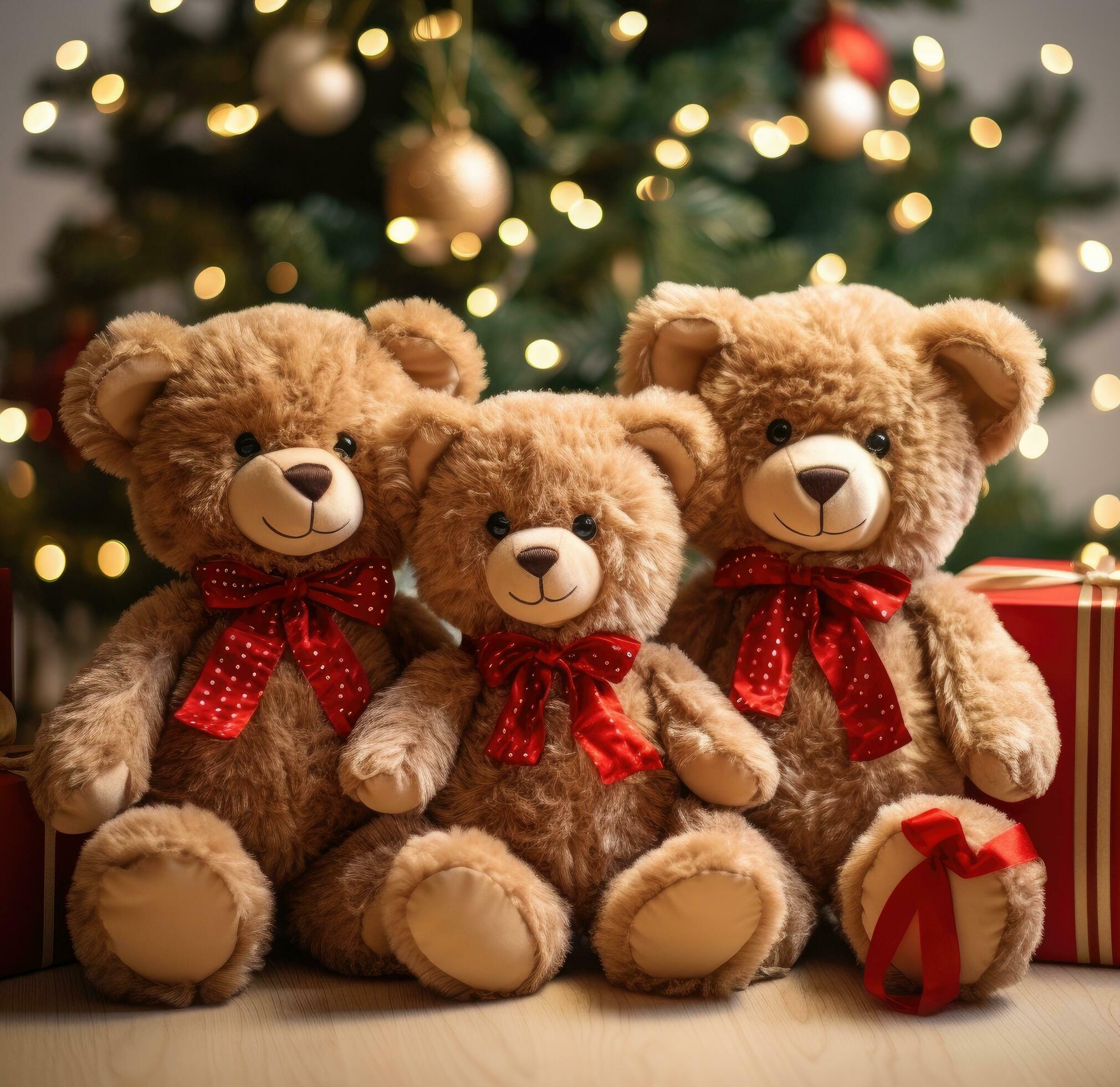 AI Generated A Photo Of Three Stuffed Bears With Christmas Trees Ai Generated A Of Three Stuffed Bears With Christmas Trees Free Photo