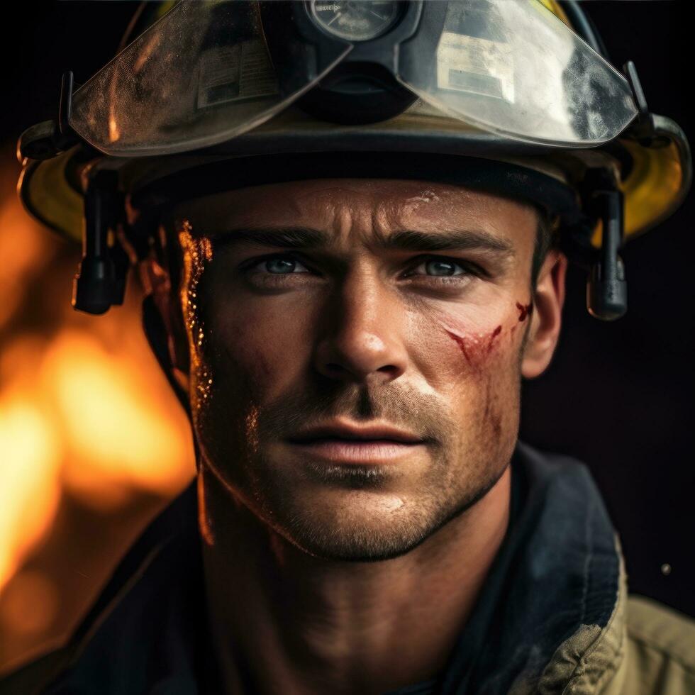 AI generated handsome firefighter, his piercing blue eyes and chiseled jawline highlighted photo