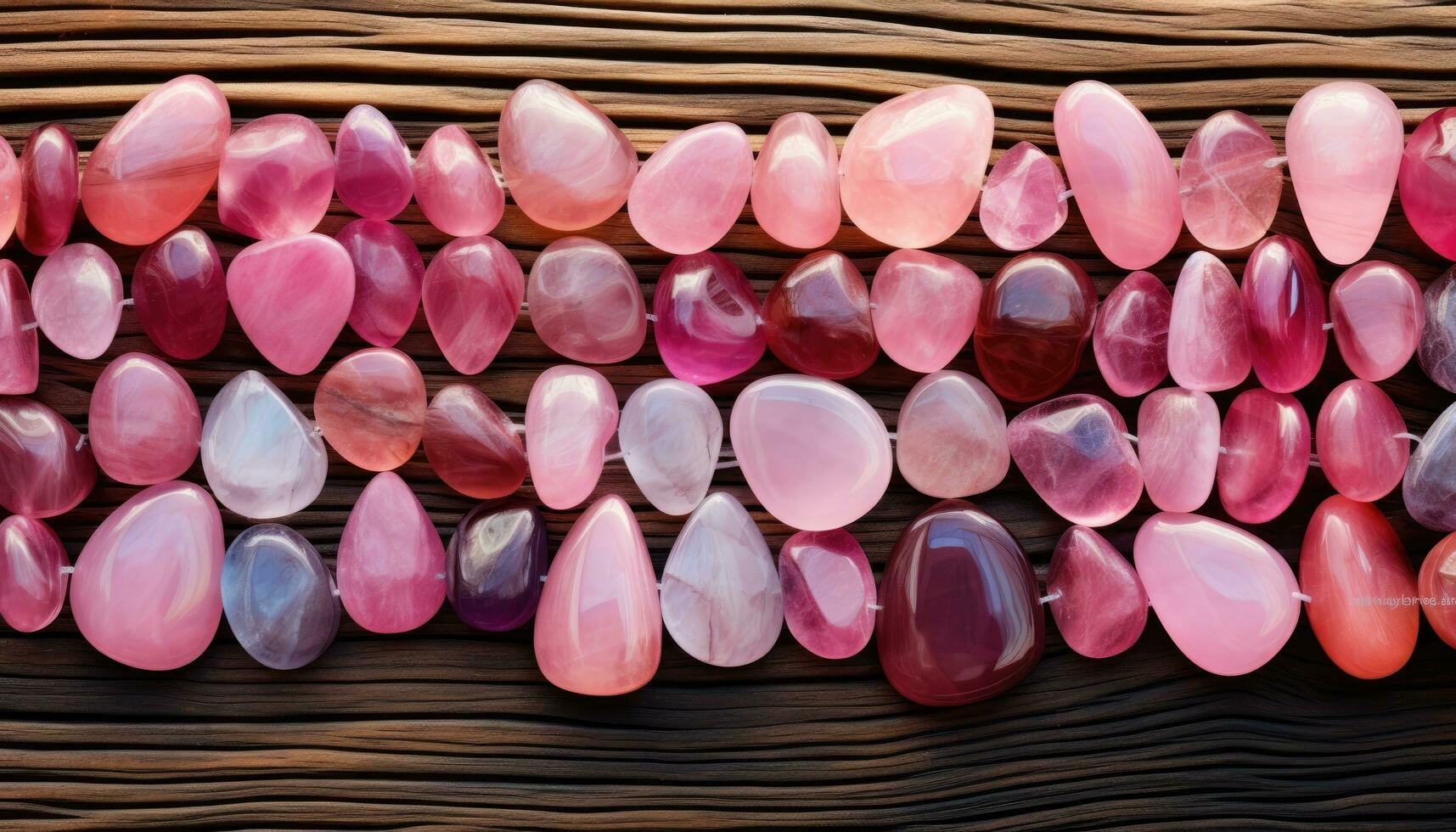 ai generado un cerca arriba de un manojo de rosado de colores piedras puesto fuera en madera foto