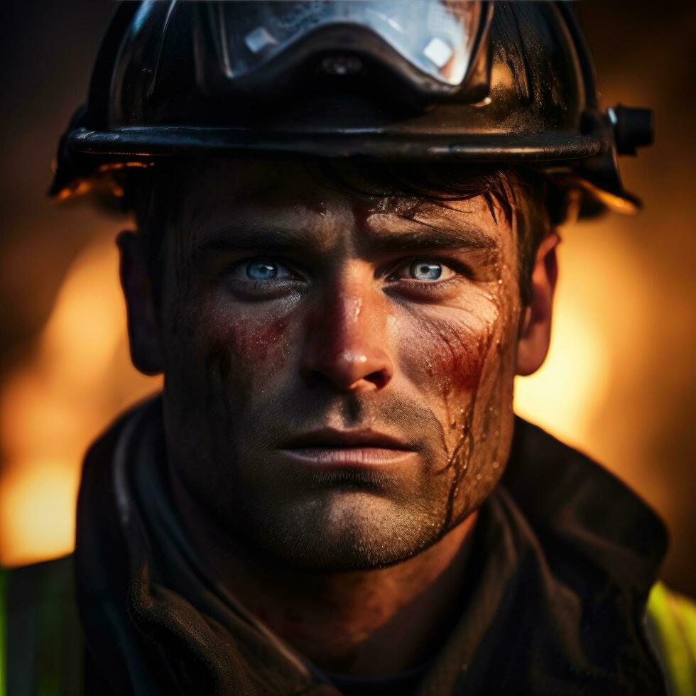 AI generated handsome firefighter, his piercing blue eyes and chiseled jawline highlighted photo