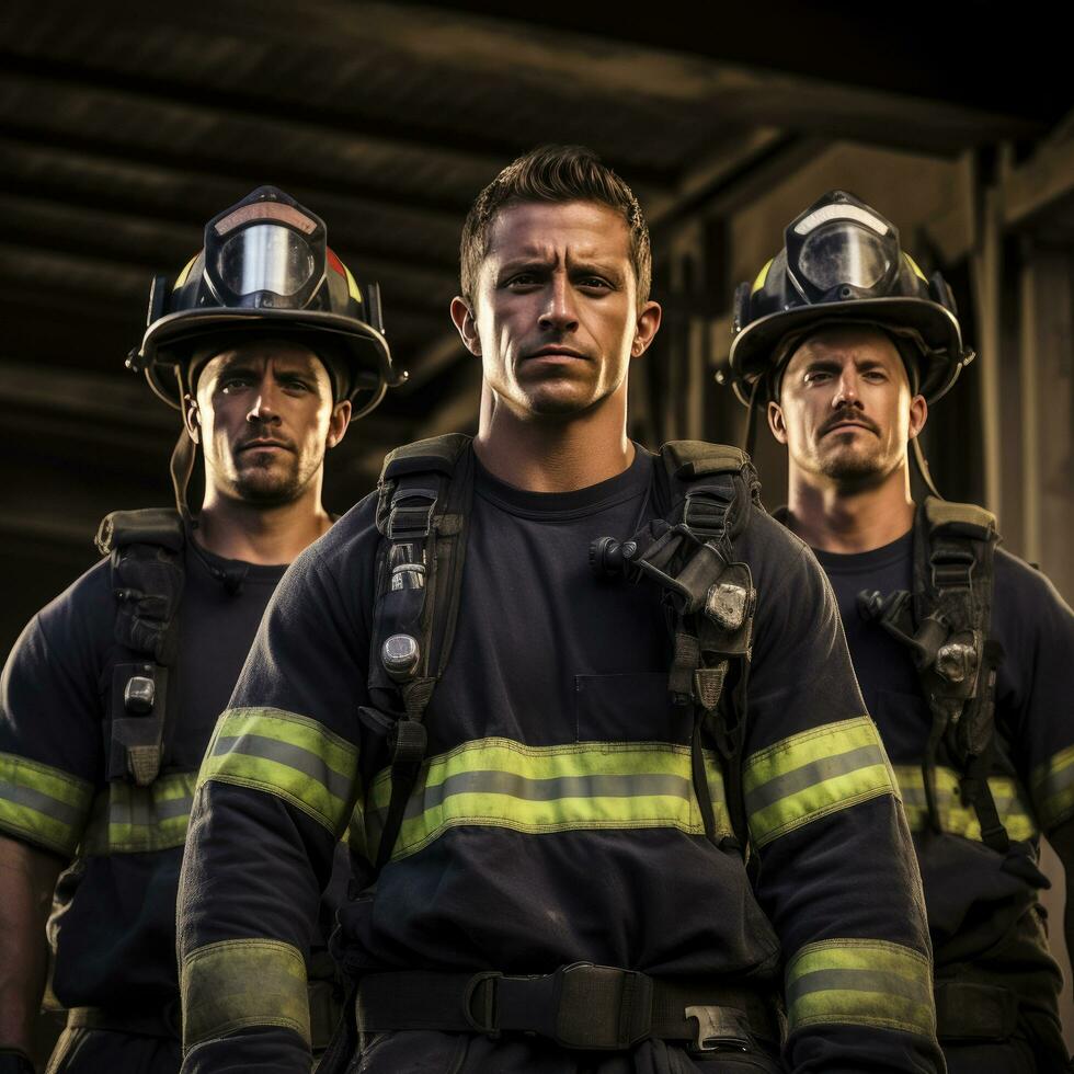 ai generado un grupo de bomberos tomando un descanso desde su deberes foto