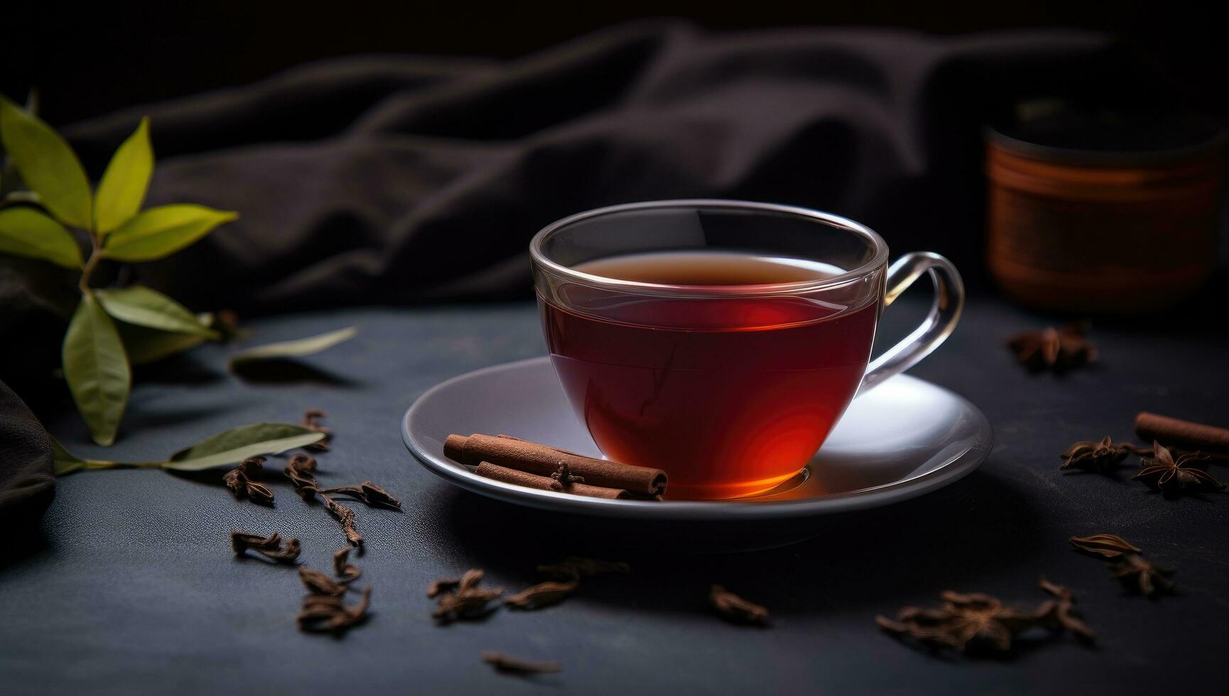 AI generated a cup of black tea with a leaf sitting next to it photo