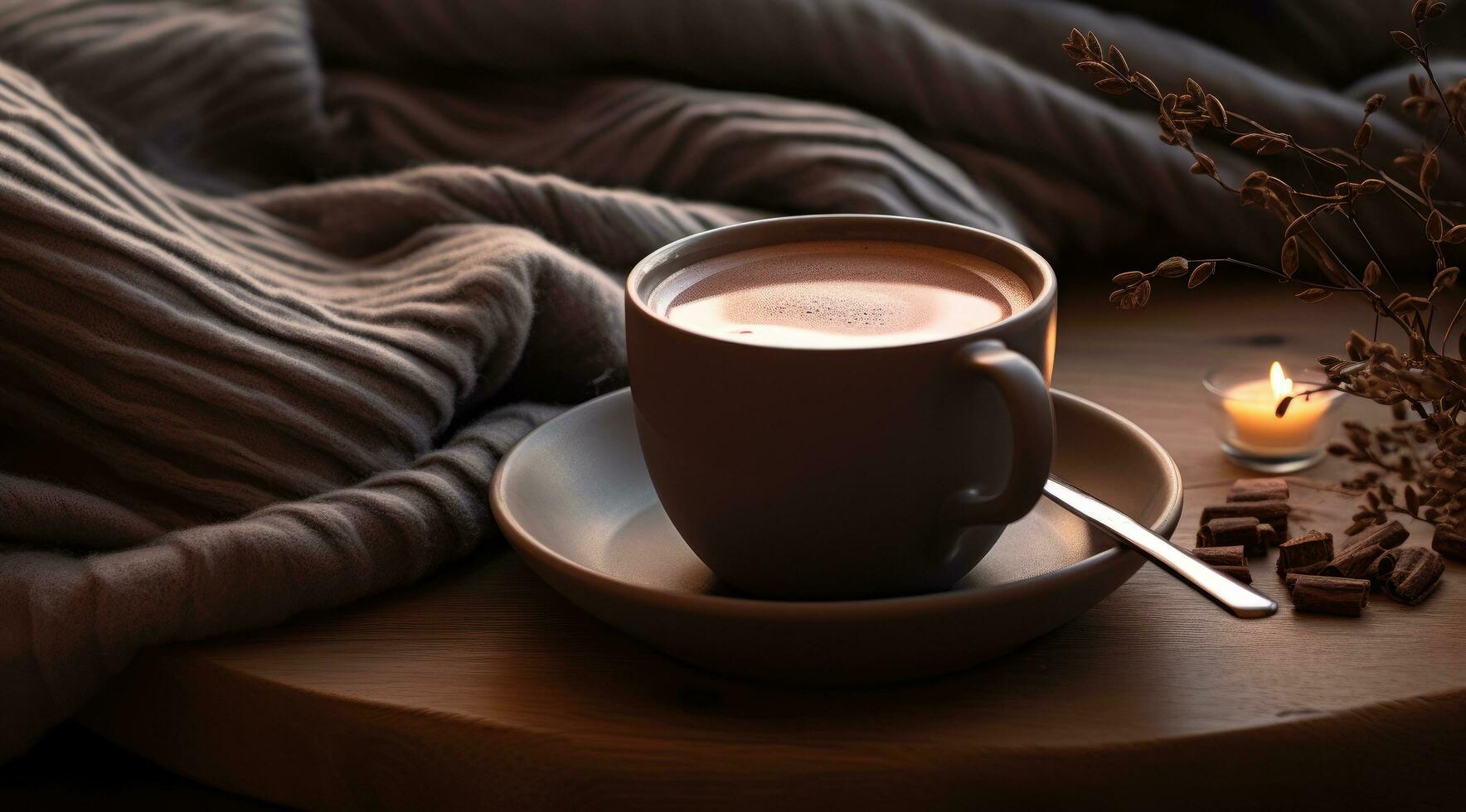 ai generado un taza de caliente chocolate y un cuchara sentado en parte superior de eso foto