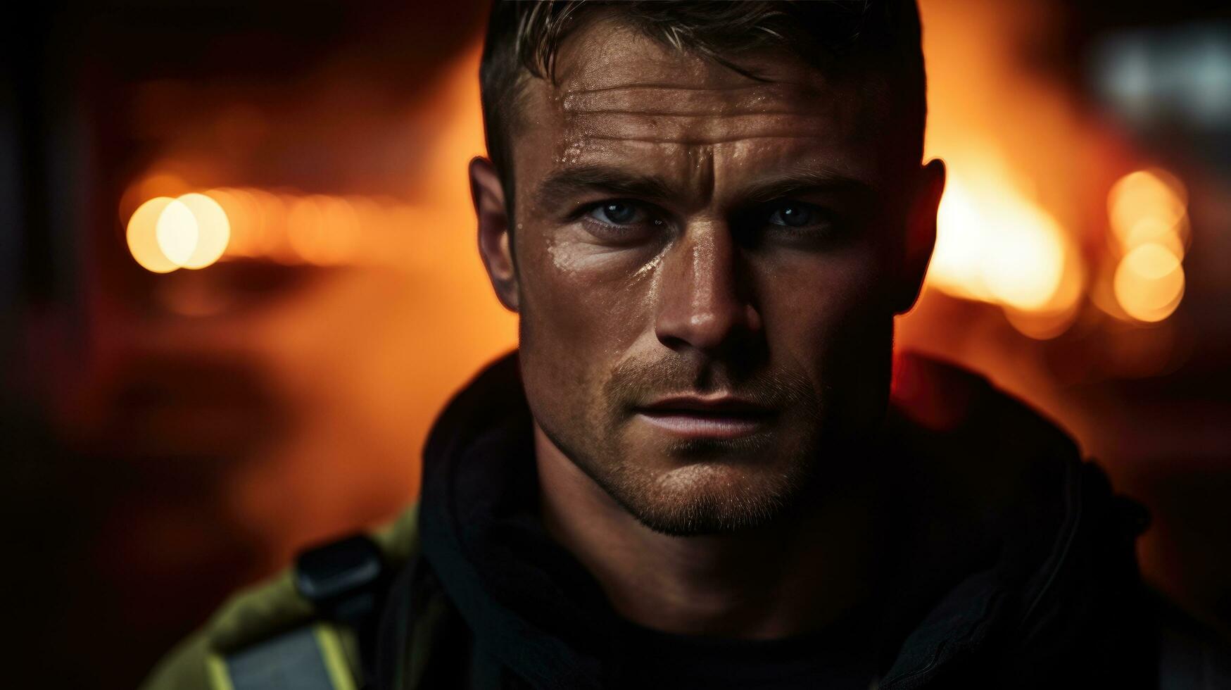 AI generated handsome firefighter, his piercing blue eyes and chiseled jawline highlighted photo