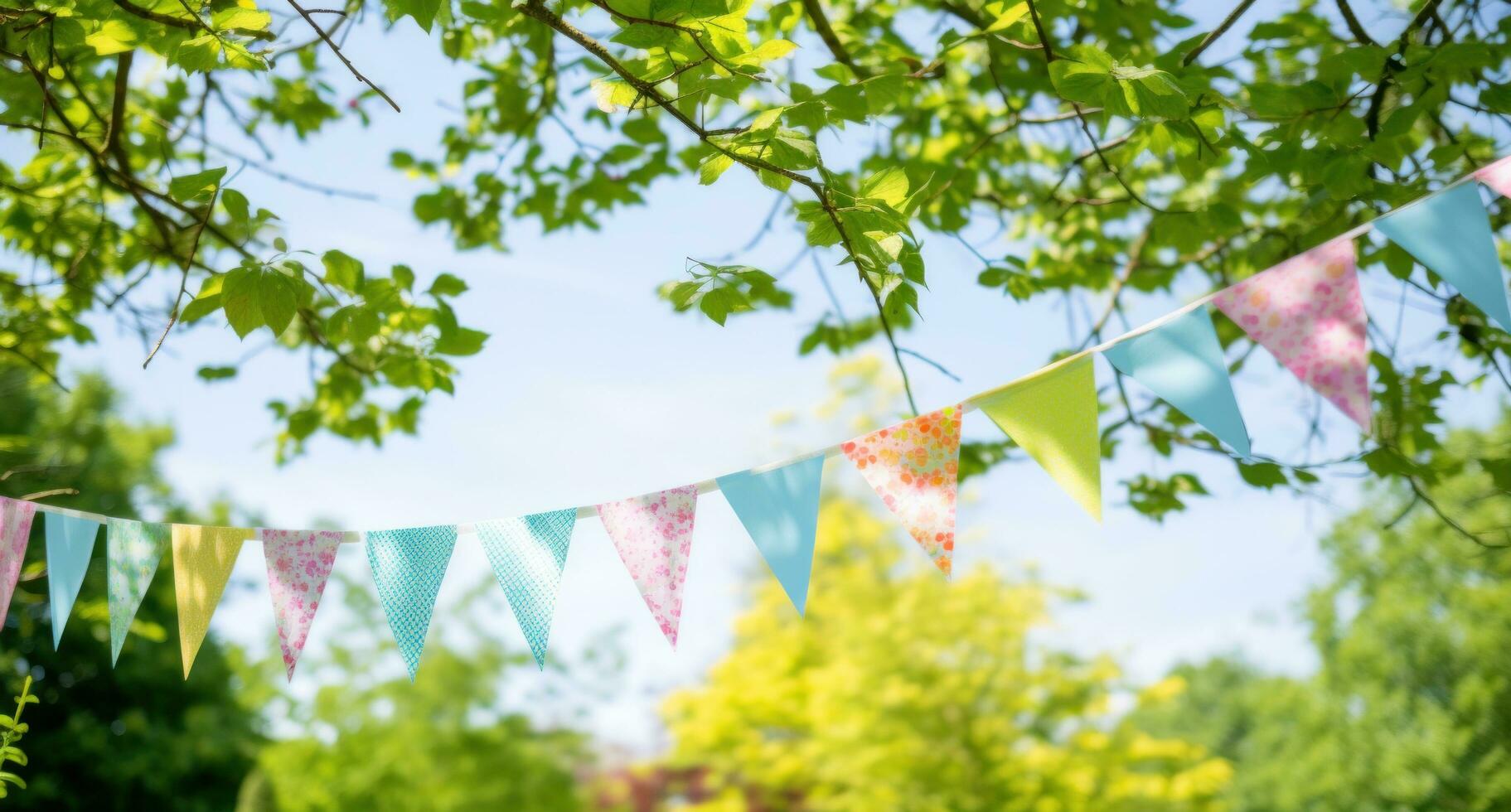 AI generated colorful paper buntings in the background with branches photo