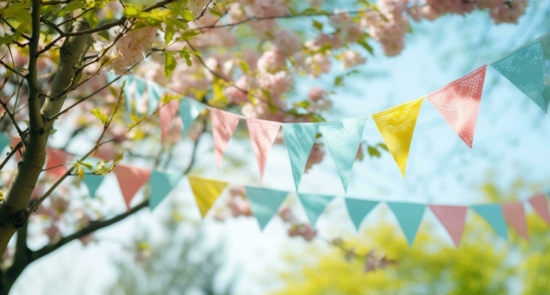 AI generated colorful paper buntings in the background with branches photo