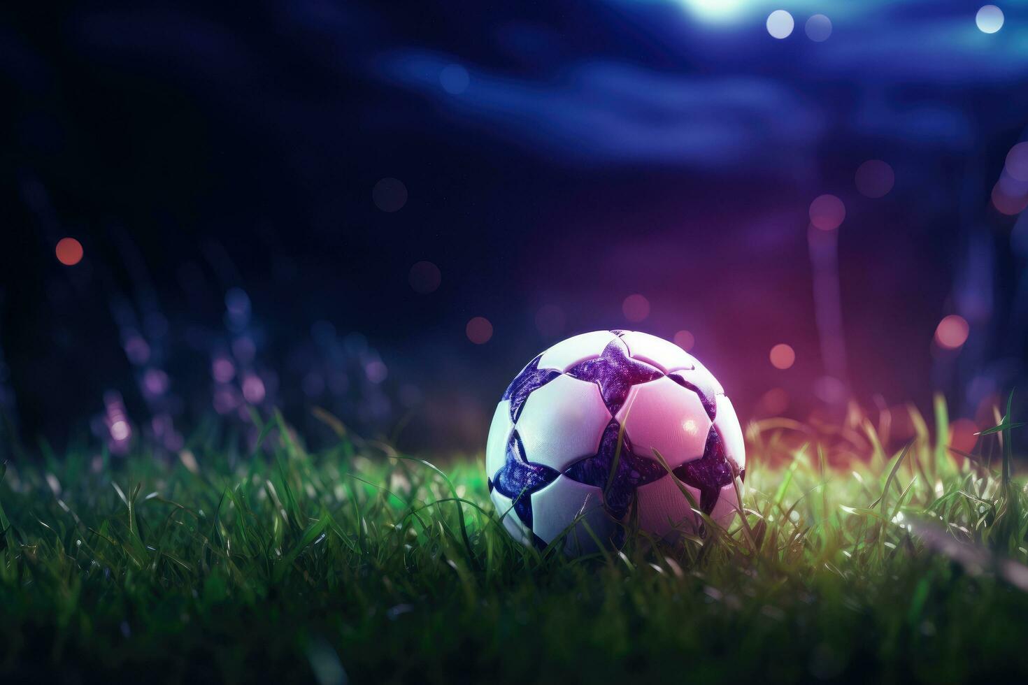 AI generated a soccer ball on an empty field, with lights overhead photo