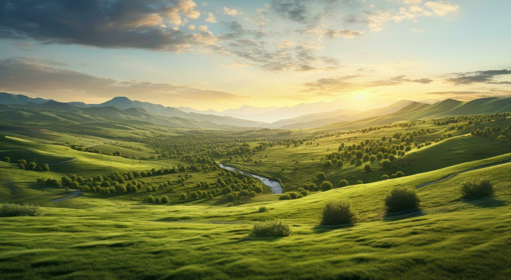 AI generated a green field at sunset, topographical realism, uhd image, mountainous vistas photo
