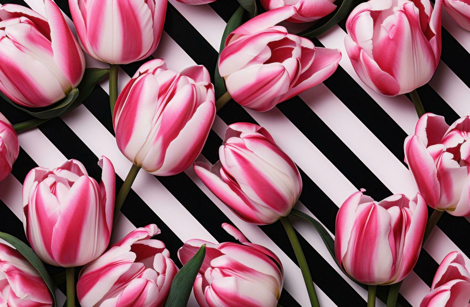 AI generated an arrangement of pink tulips on black and white striped background photo