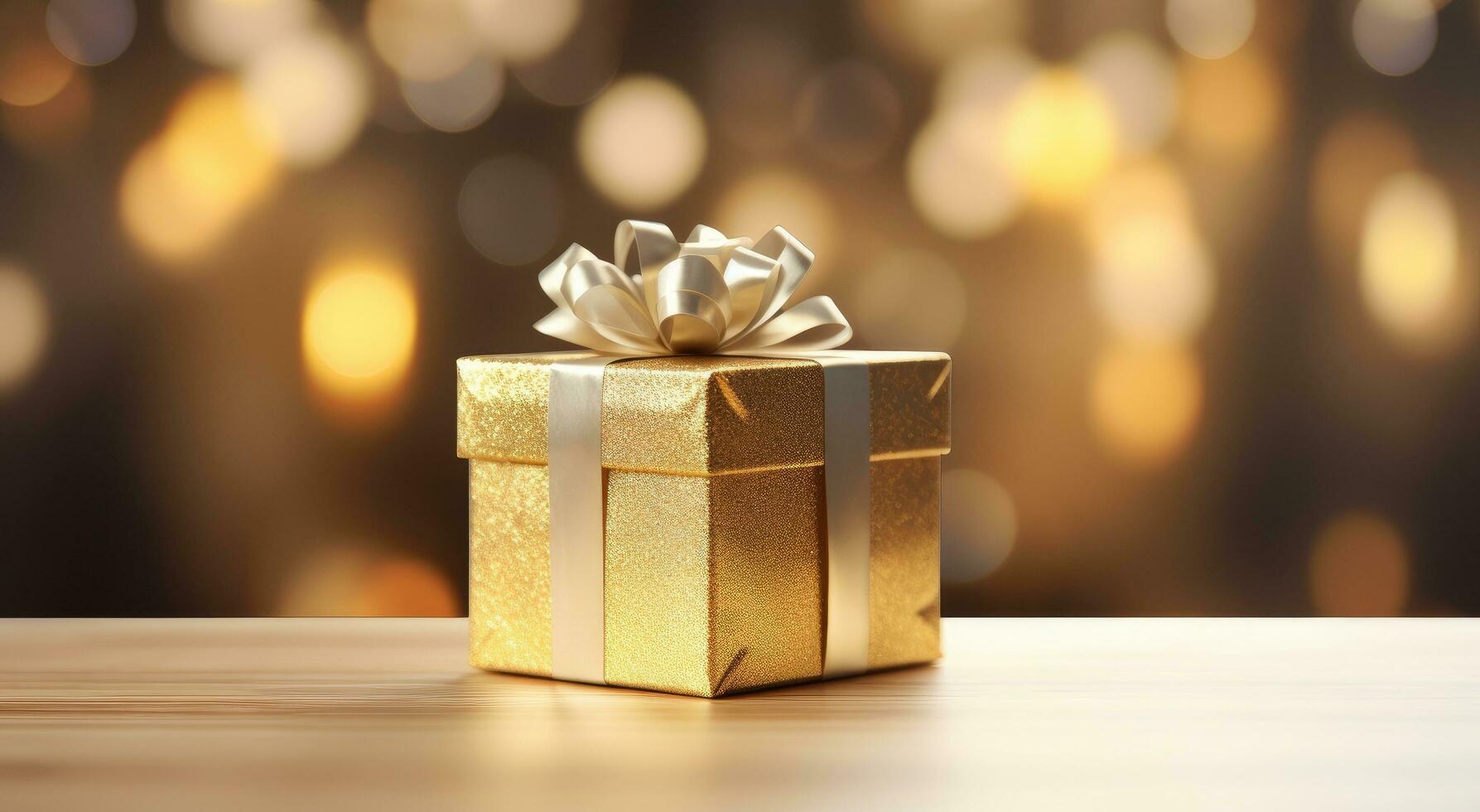 AI generated a small gold present box sitting on a golden background photo