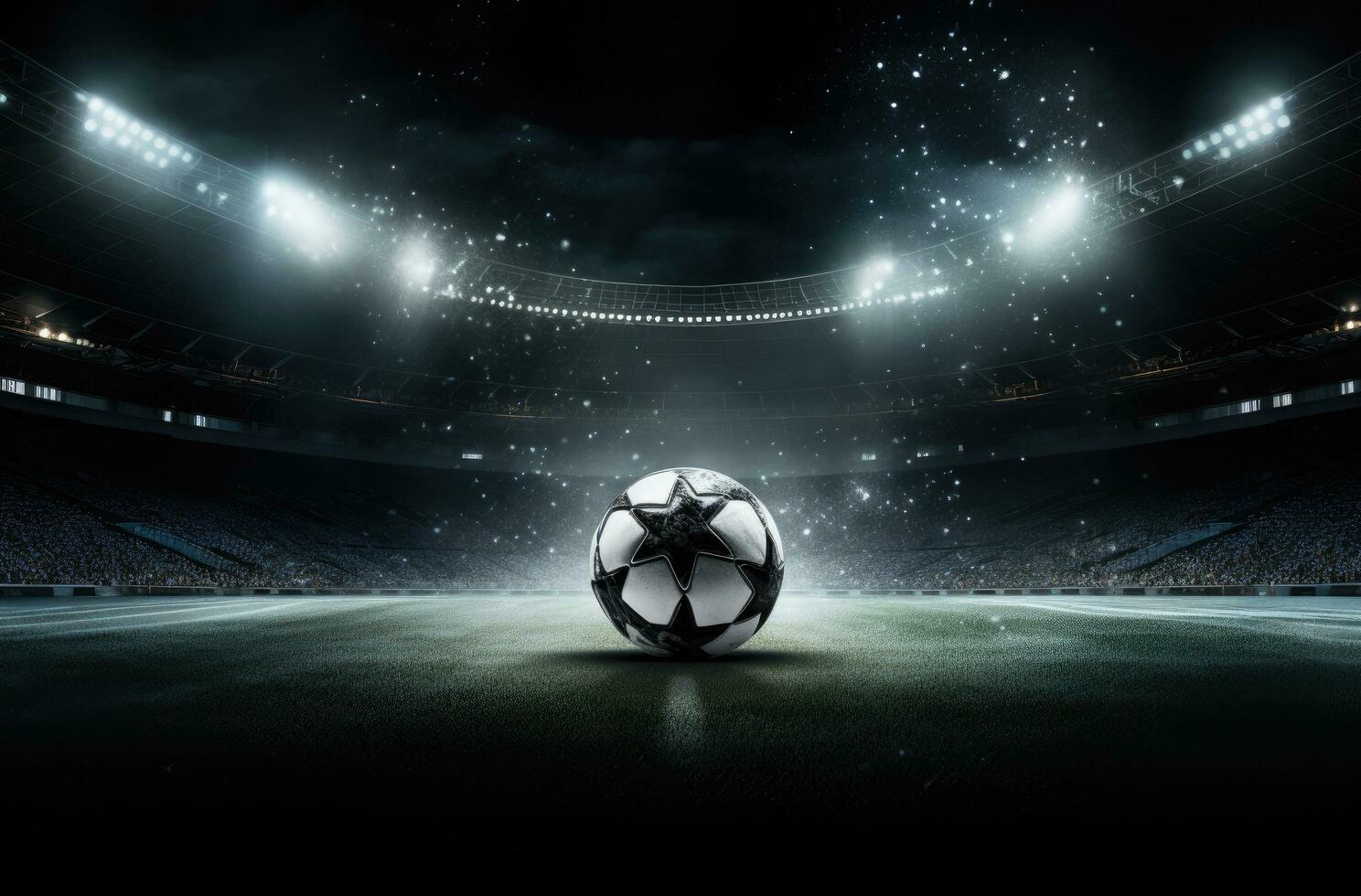 AI generated a soccer ball on an empty field, with lights overhead photo