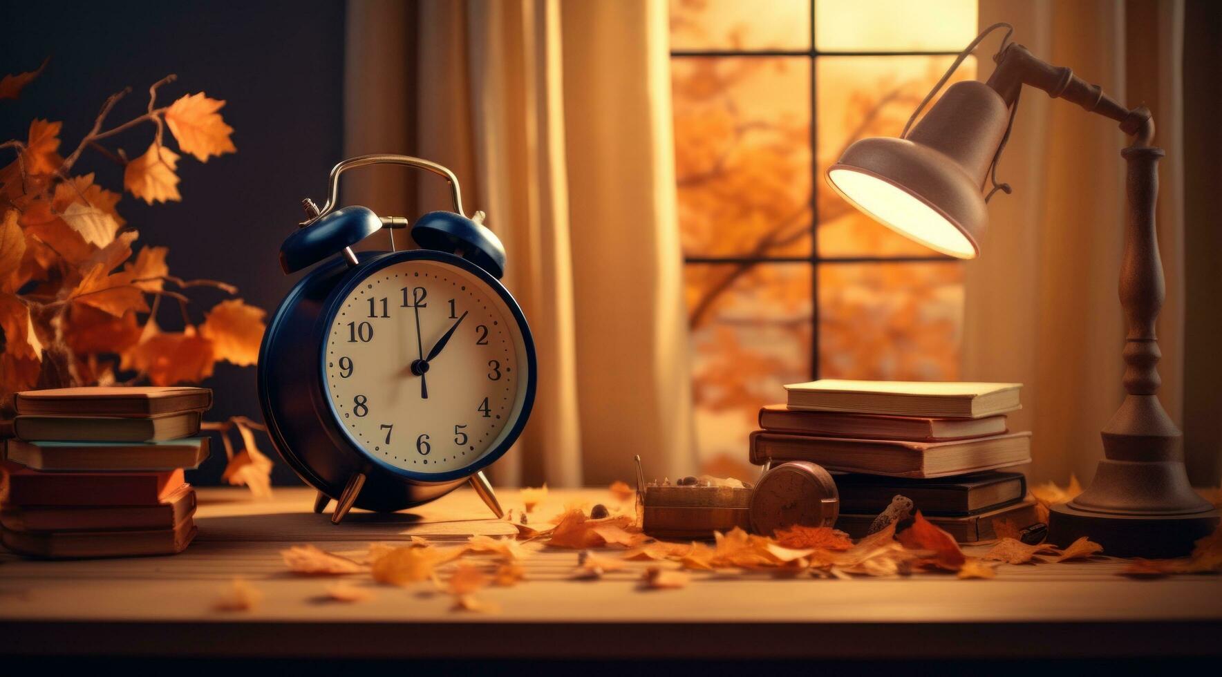 AI generated autumn leaves, tree, books, clock, alarm in a room photo