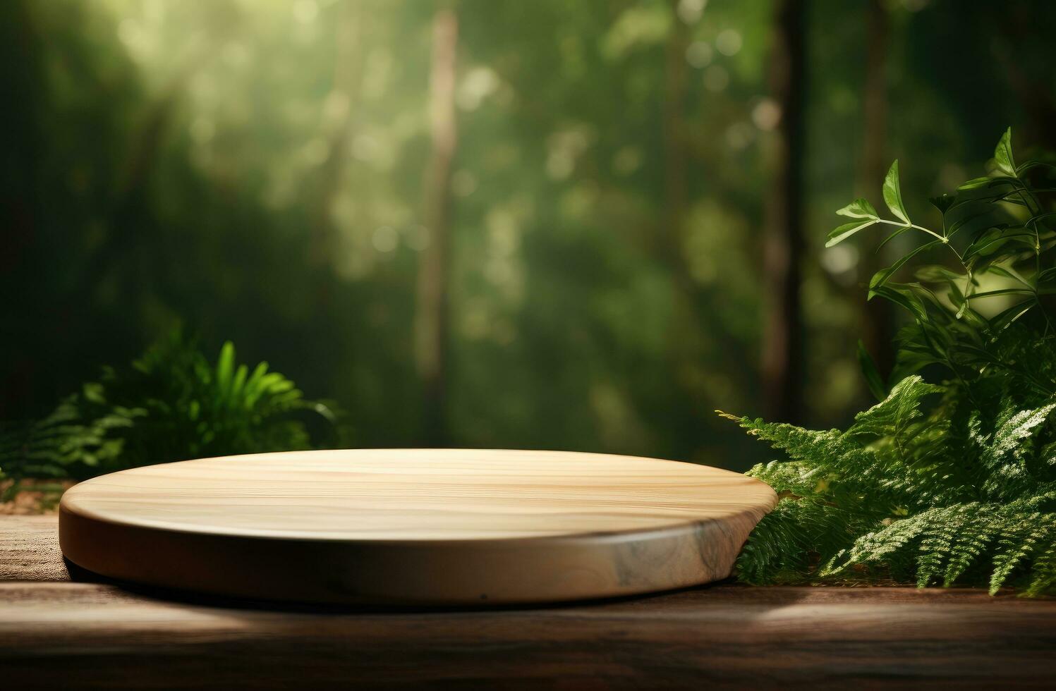 AI generated a wooden board with greenery in the background photo