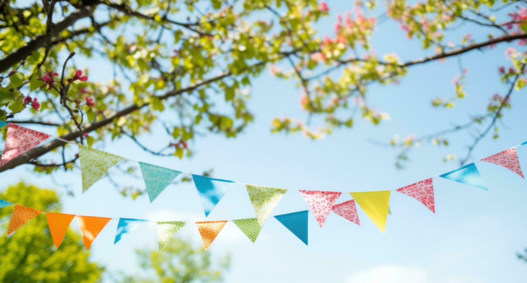 AI generated colorful paper buntings in the background with branches photo