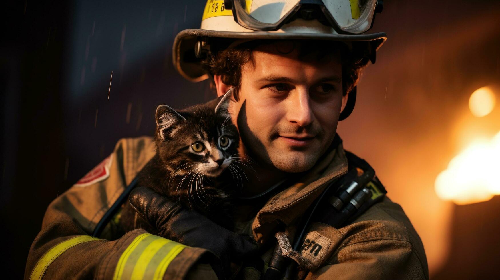 AI generated A striking image of a firefighter rescuing a frightened kitten from a burning building photo