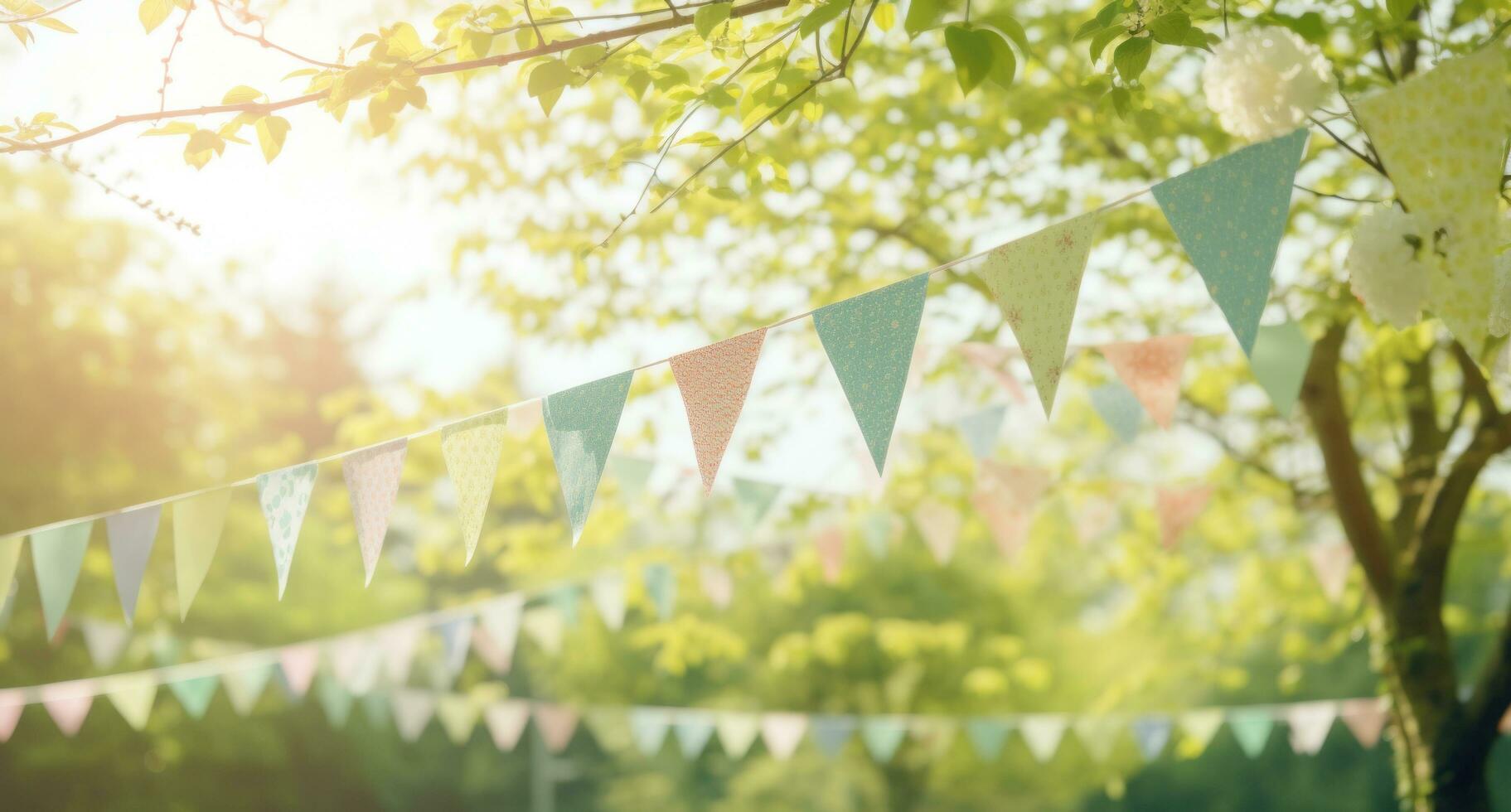 AI generated colored buntings hang in the sunlight, in a sunny day photo